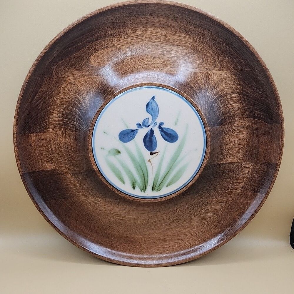 MCM Woodbury’s Woodenware Handmade Cheese Plate Serving Tray Ceramic Iris VT